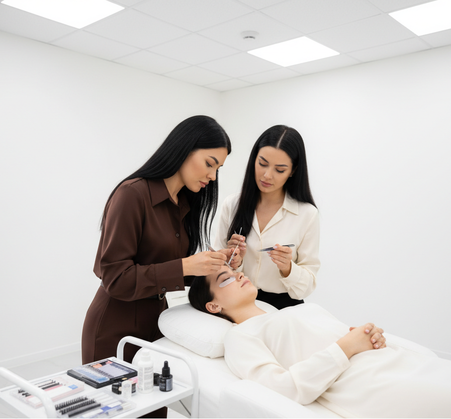 do aphoto of 2 baddie long black hair with expresso brown shirt and ivory shirt. who 1 is teaching the other how to apply lash extensiosn on a model who is on a lsh bed in a room that is just white with no background noise just plain